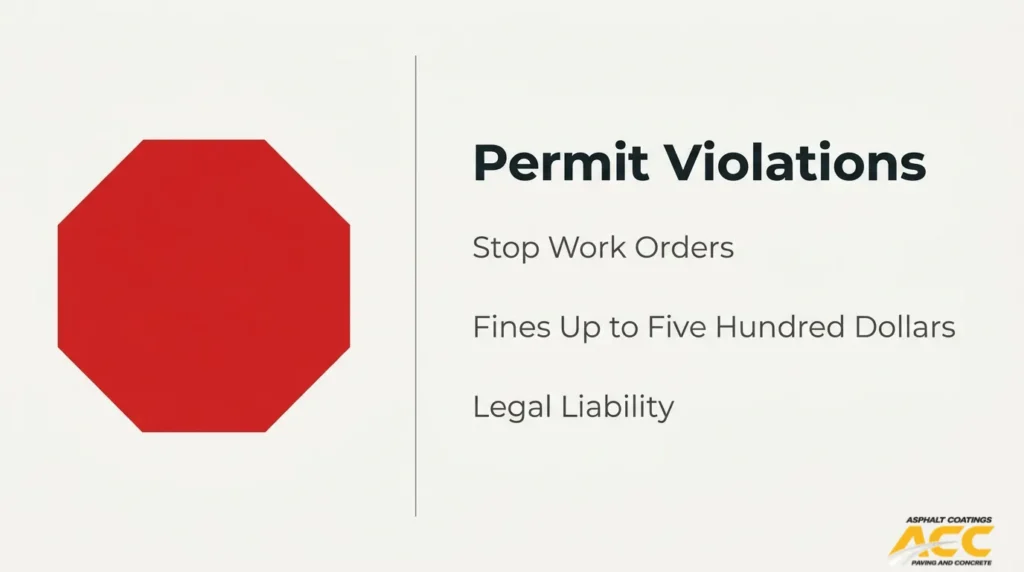 Grading permit violations warning showing stop work orders, fines, and legal liability