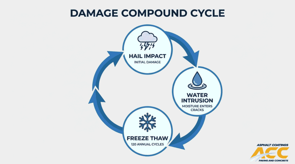 Damage compound cycle showing hail impact, water intrusion, and freeze-thaw cycles worsening asphalt crack
