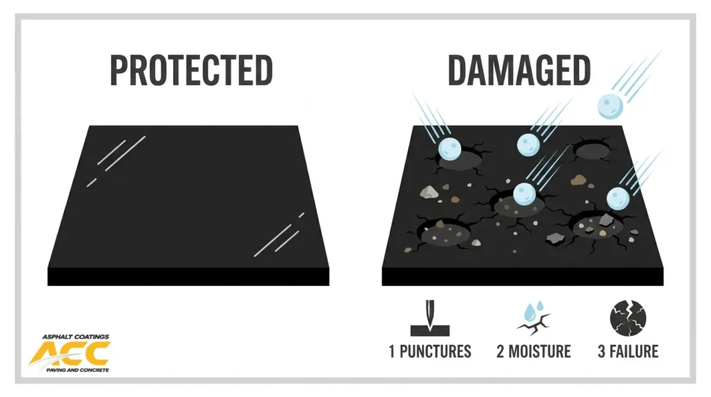 Protected versus damaged asphalt comparison showing hail punctures, moisture intrusion, and surface failure