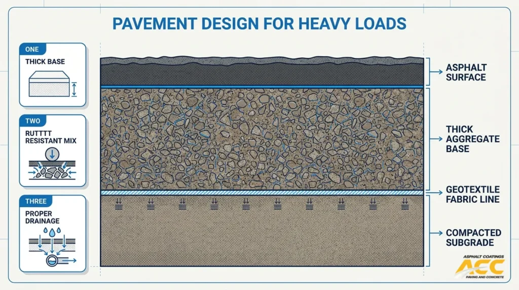 Heavy-load pavement design diagram showing thick base, rut-resistant mix, proper drainage, asphalt surface, aggregate base, geotextile fabric, and compacted subgrade