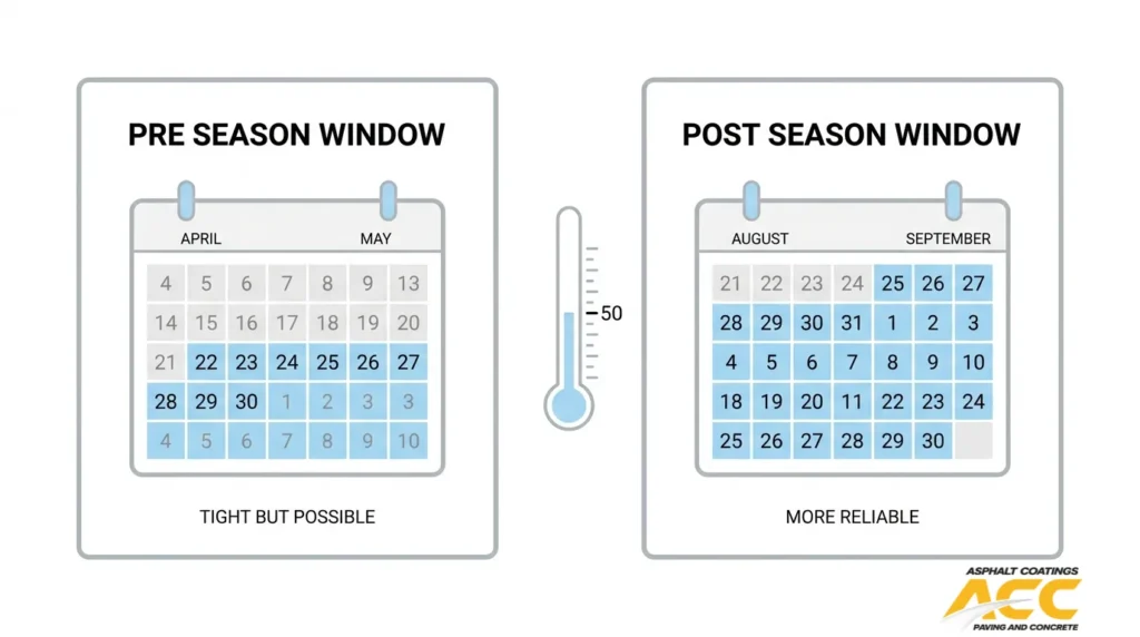 Pre-season and post-season asphalt maintenance calendar showing spring and late-summer service windows