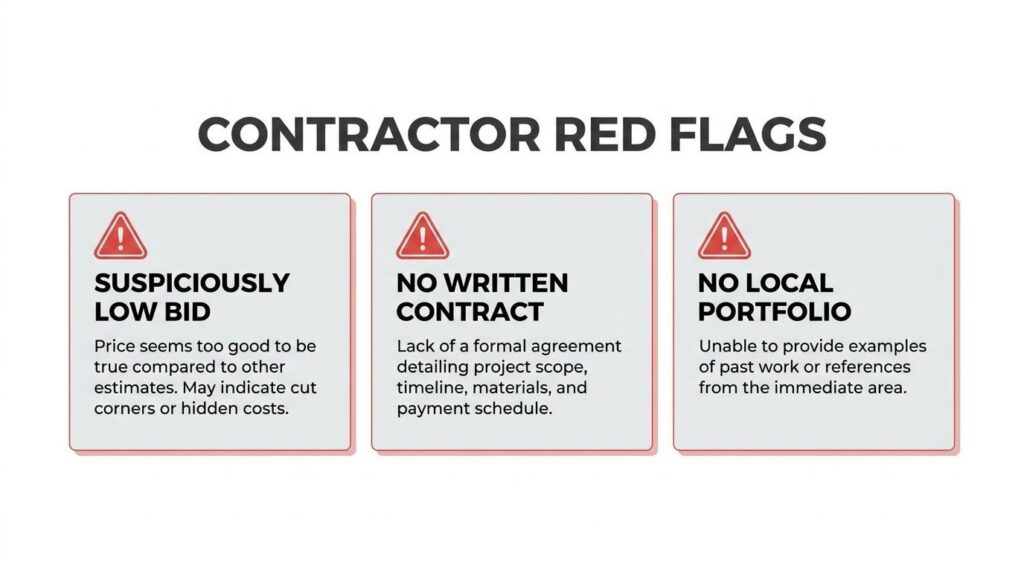 Asphalt contractor red flags infographic showing suspiciously low bids, no written contract, and no local portfolio