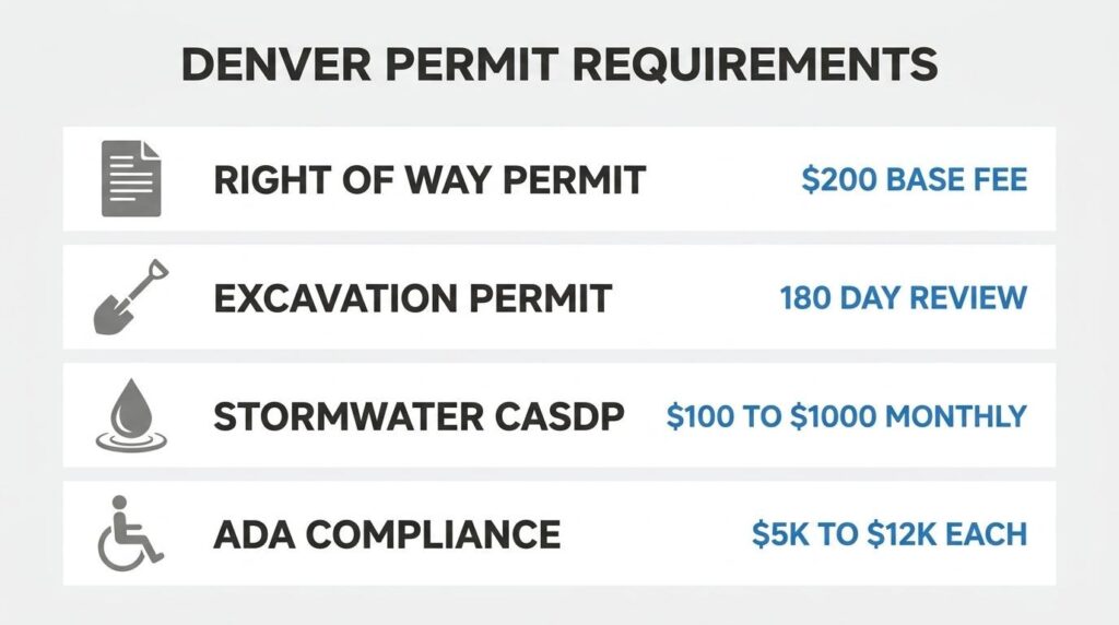 Denver permit requirements infographic listing right-of-way permits, excavation permits, stormwater CASDP, and ADA compliance costs
