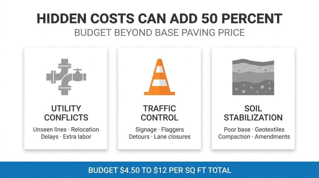 Hidden paving cost infographic showing utility conflicts, traffic control, and soil stabilization can increase total project budget
