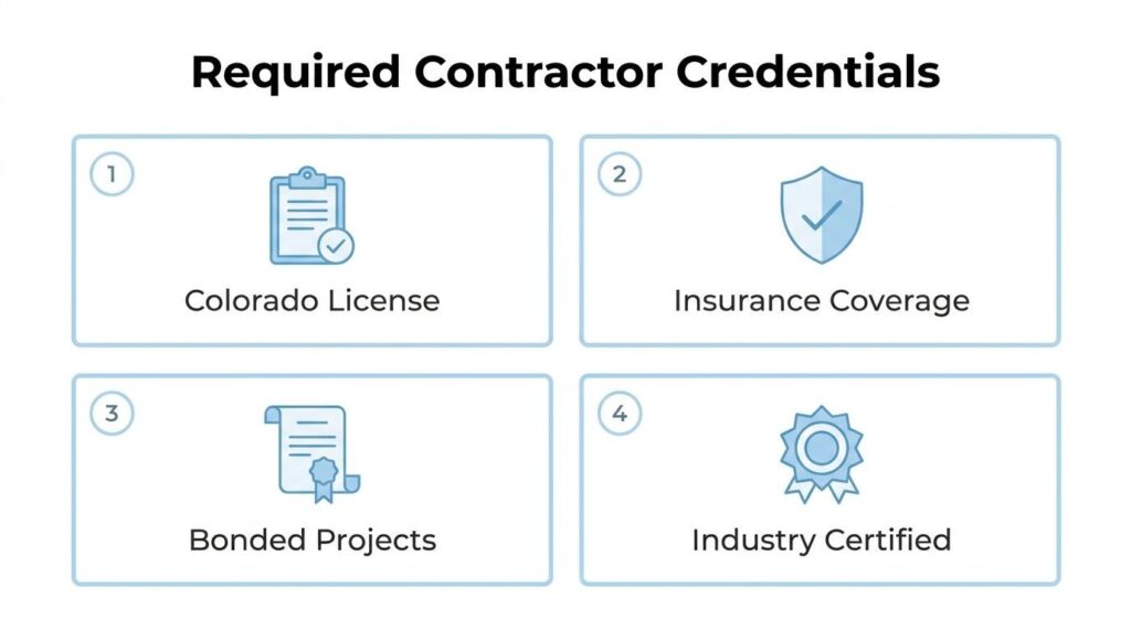 Required contractor credentials checklist showing Colorado license, insurance coverage, bonded projects, and industry certification