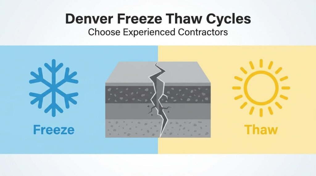 Denver freeze-thaw cycle infographic showing pavement cracking between freezing and thawing conditions