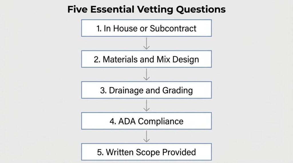 Five essential questions to ask asphalt contractors about subcontracting, materials, drainage, ADA compliance, and written scope