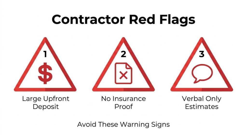 Contractor red flags infographic warning about large upfront deposits, no insurance proof, and verbal-only estimates