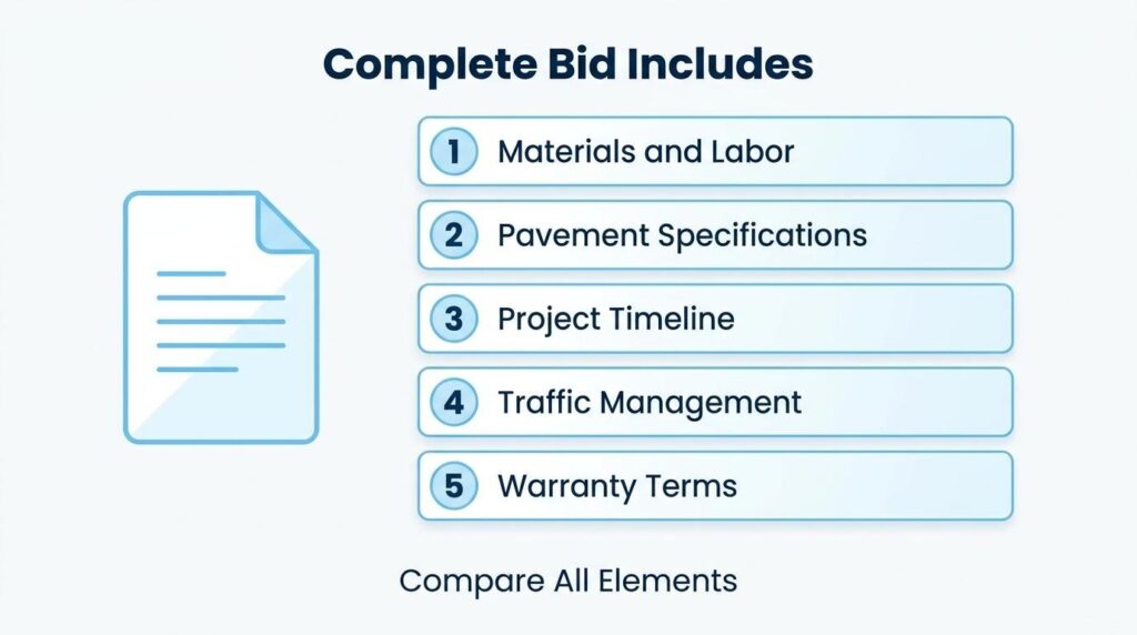 Complete asphalt bid checklist showing materials, pavement specifications, timeline, traffic management, and warranty terms