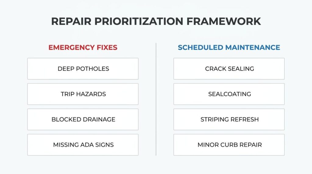 Parking lot repair prioritization framework comparing emergency fixes like potholes and trip hazards with scheduled maintenance tasks