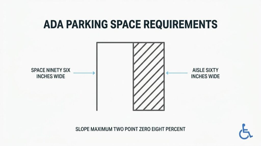 ADA parking space requirements diagram showing 96-inch parking space, 60-inch access aisle, and maximum 2.08 percent slope