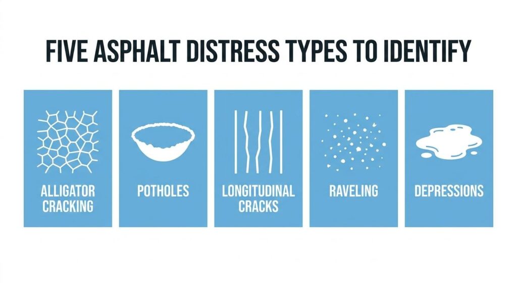 Five asphalt distress types to identify, including alligator cracking, potholes, longitudinal cracks, raveling, and depressions