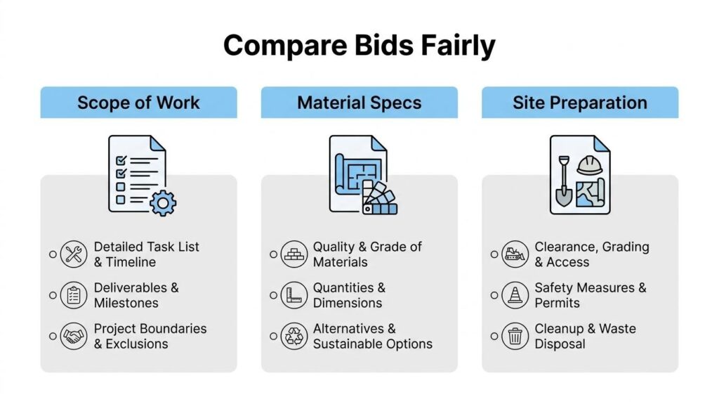 Bid comparison checklist for asphalt projects covering scope of work, material specs, and site preparation