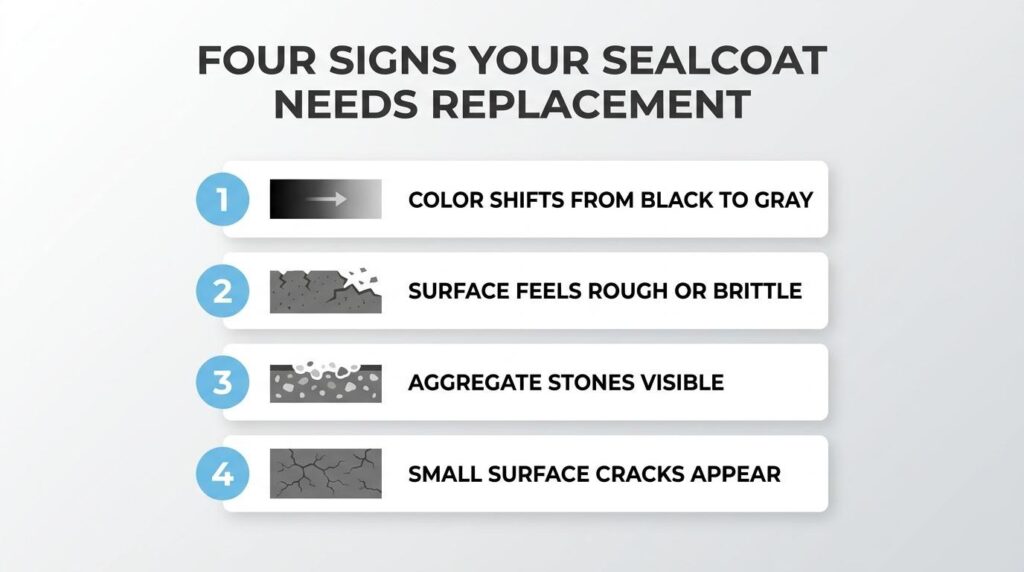 Sealcoat replacement warning signs infographic showing gray color shift, brittle surface, visible aggregate, and small surface cracks