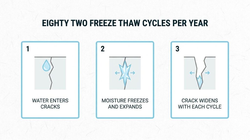 Freeze-thaw cycle infographic showing water entering asphalt cracks, freezing, expanding, and widening pavement damage over time
