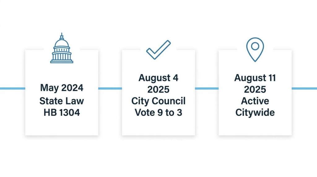 Parking reform timeline showing May 2024 state law HB 1304, August 4 2025 city council vote, and August 11 2025 citywide activation