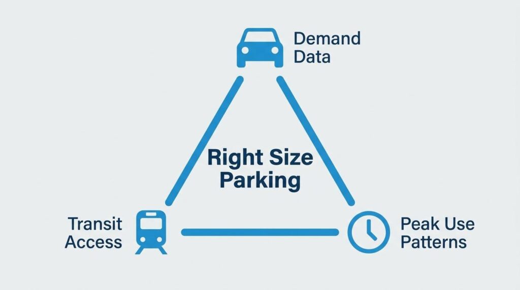 Right-size parking diagram showing demand data, transit access, and peak use patterns used to determine parking needs