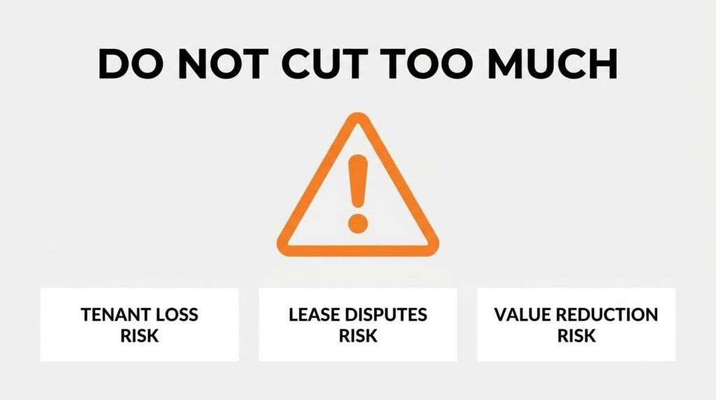 Warning infographic advising not to cut too much parking due to tenant loss risk, lease dispute risk, and property value reduction risk