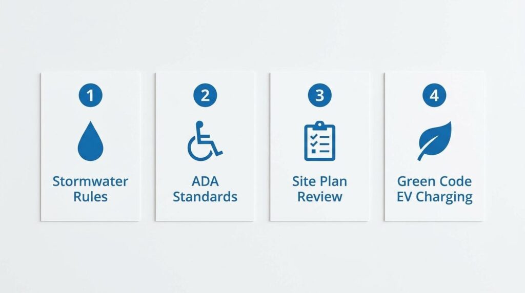 Parking reduction compliance checklist showing stormwater rules, ADA standards, site plan review, and green code EV charging requirements