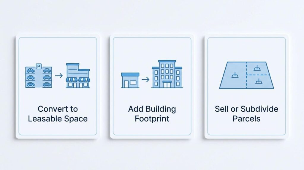 Parking lot redevelopment options showing how owners can convert parking to leasable space, add building footprint, or sell and subdivide parcels