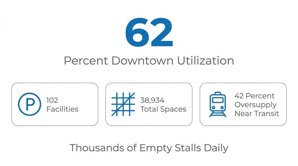 Downtown parking utilization infographic showing 62 percent use, 102 facilities, 38,934 total spaces, and oversupply near transit