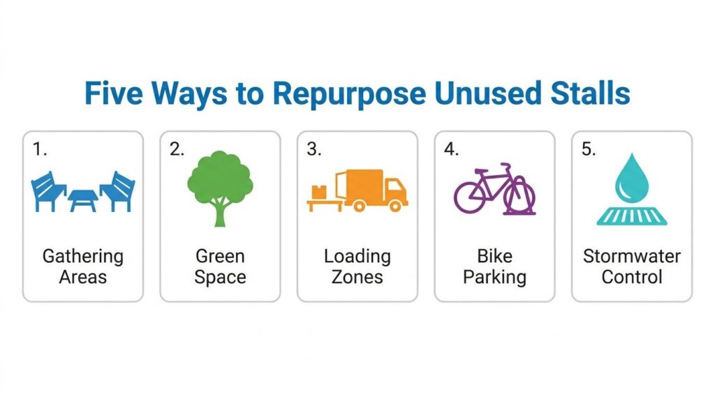 Five ways to repurpose unused parking stalls, including gathering areas, green space, loading zones, bike parking, and stormwater control