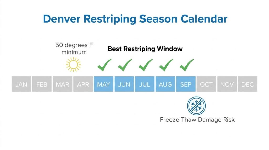 Denver restriping season calendar showing May through September as the best parking lot restriping window