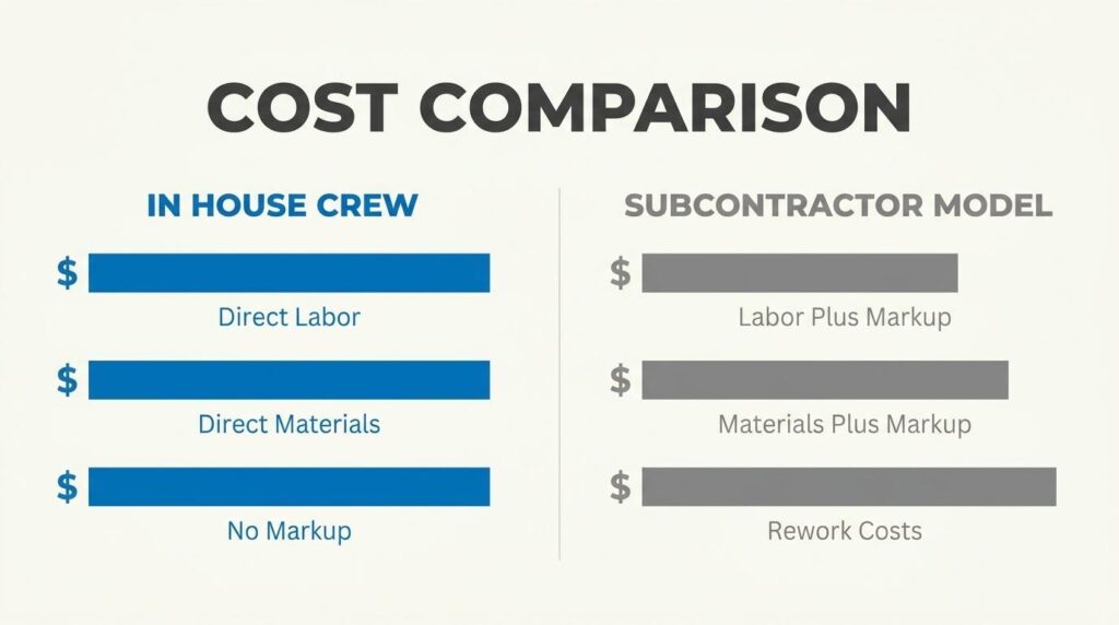 Cost comparison infographic showing in-house crew costs versus subcontractor model costs
