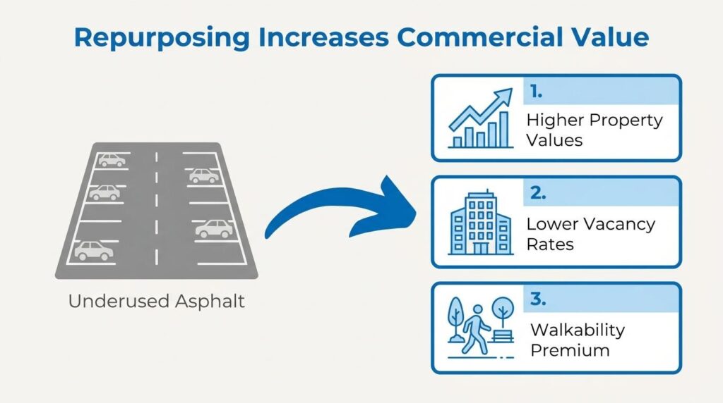 Parking lot repurposing infographic showing underused asphalt transformed into higher property value, lower vacancy rates, and walkability benefits
