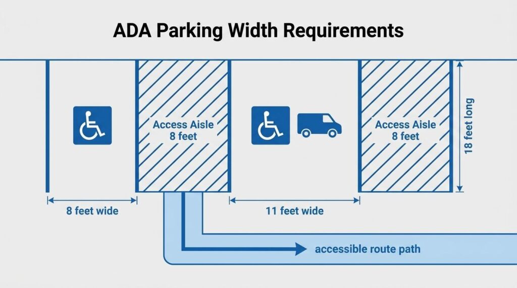 ADA parking width requirements diagram showing accessible stalls, 8-foot access aisles, 11-foot van space, and accessible route path