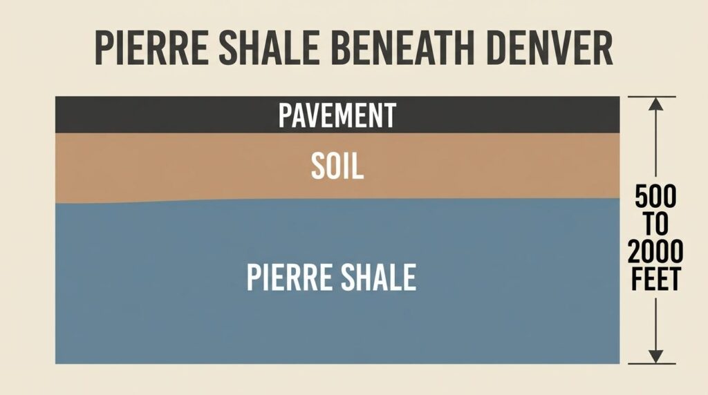 Pierre shale beneath Denver diagram showing pavement and soil layers above shale depth of 500 to 2,000 feet