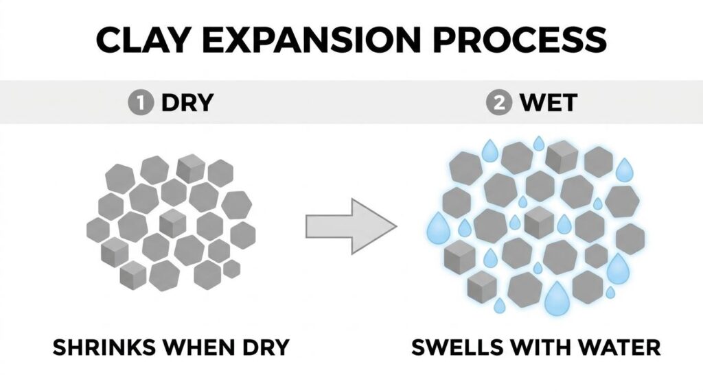 Clay expansion process infographic showing dry clay shrinking and wet clay swelling with water