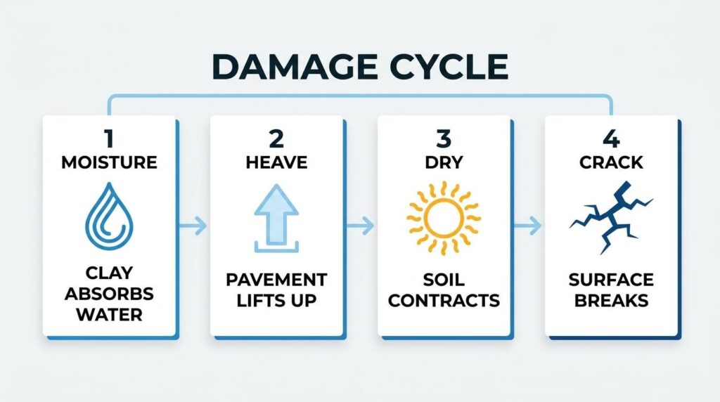 Damage cycle infographic showing clay absorbing moisture, pavement heaving upward, soil drying and contracting, and surface cracks forming in asphalt.
