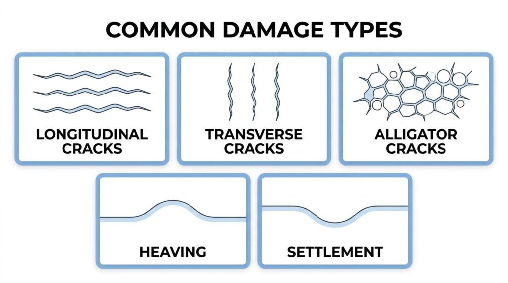 Common pavement damage types caused by soil movement, including longitudinal cracks, transverse cracks, alligator cracks, heaving, and settlement