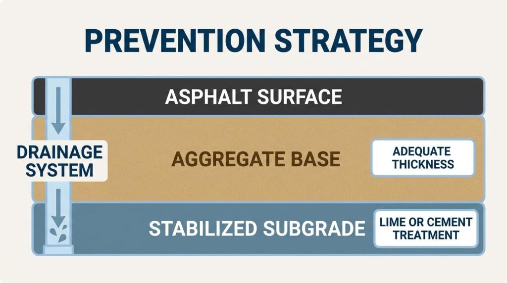 Asphalt prevention strategy diagram showing drainage system, aggregate base, adequate thickness, and stabilized subgrade treatment