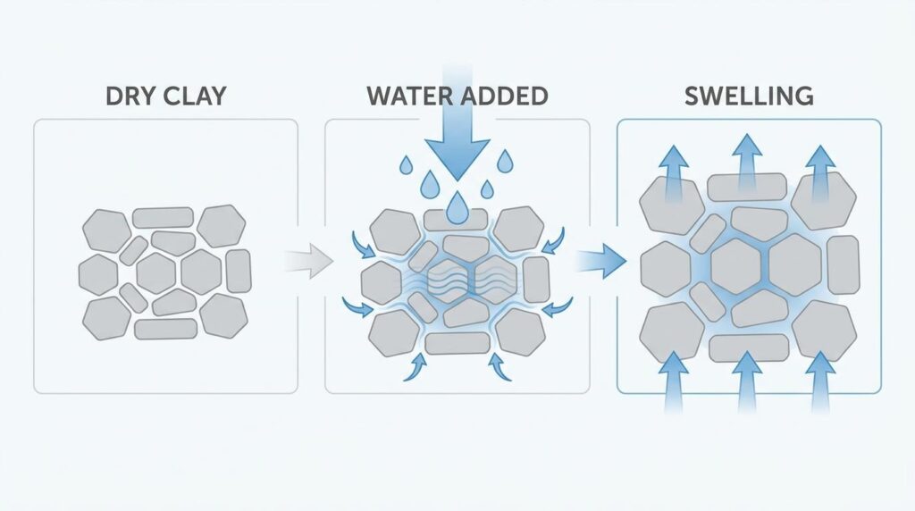 Clay swelling process diagram showing dry clay, water added between soil particles, and expanded clay pushing upward