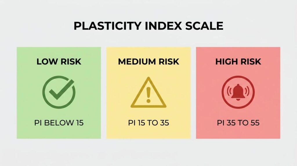 Plasticity index scale showing low, medium, and high clay soil risk levels based on PI ranges