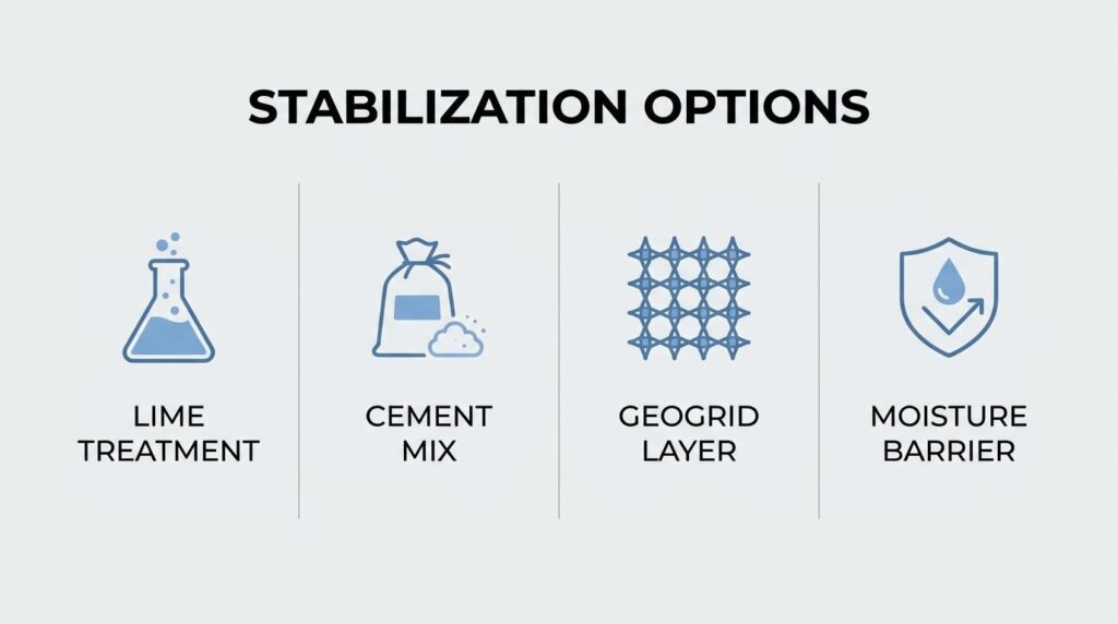Stabilization options infographic showing lime treatment, cement mix, geogrid layer, and moisture barrier for clay soil subgrades