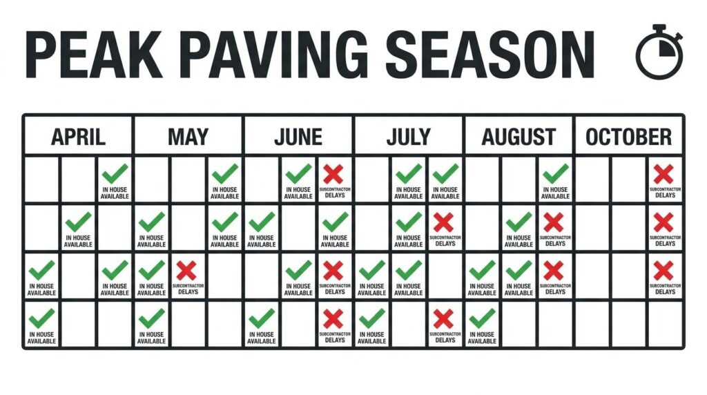 Peak paving season calendar showing in-house crew availability and subcontractor delays
