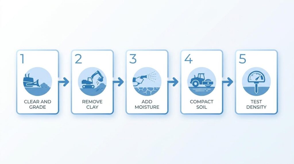 Five-step subgrade preparation process showing clearing and grading, clay removal, moisture adjustment, soil compaction, and density testing