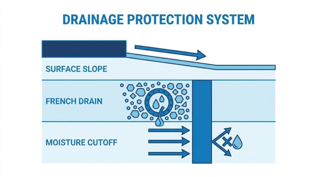 Drainage protection system diagram showing surface slope, French drain, and moisture cutoff to control water under pavement
