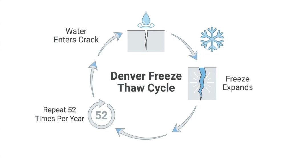 Denver freeze thaw cycle infographic showing water entering cracks, freezing expansion, and repeated annual freeze thaw damage
