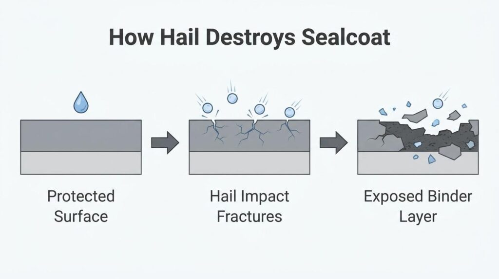 Sealcoat damage diagram showing hail impact fractures that break a protected asphalt surface and expose the binder layer