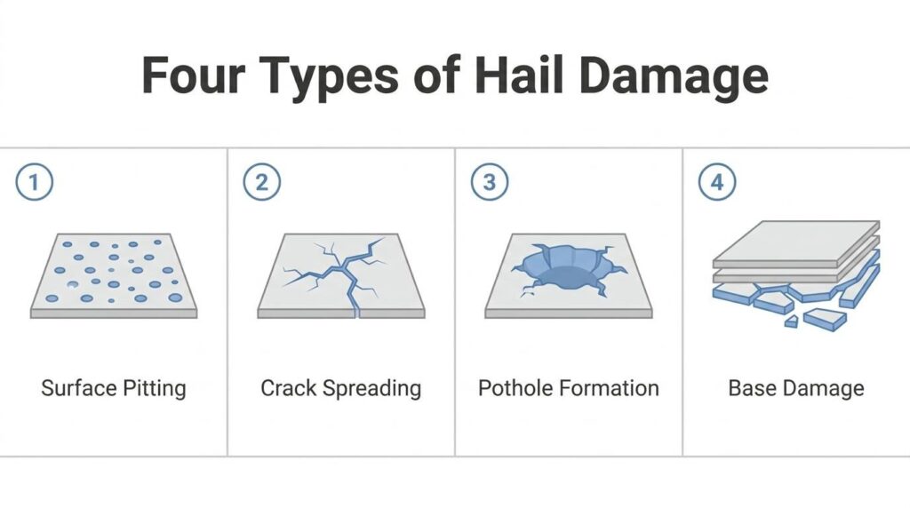 Four types of hail damage infographic showing surface pitting, crack spreading, pothole formation, and base damage on asphalt