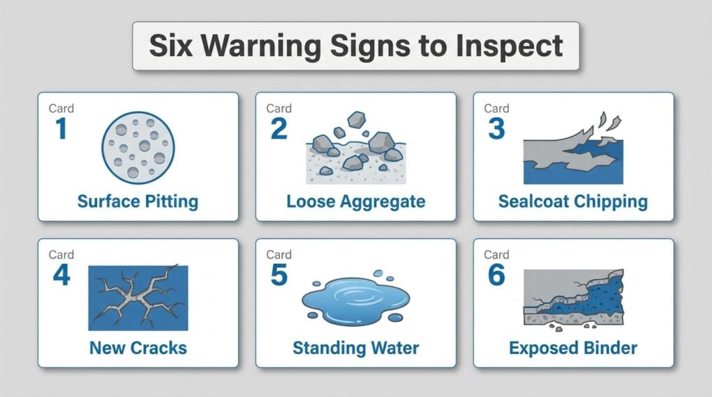 Six warning signs to inspect after hail damage, including surface pitting, loose aggregate, sealcoat chipping, new cracks, standing water, and exposed binder