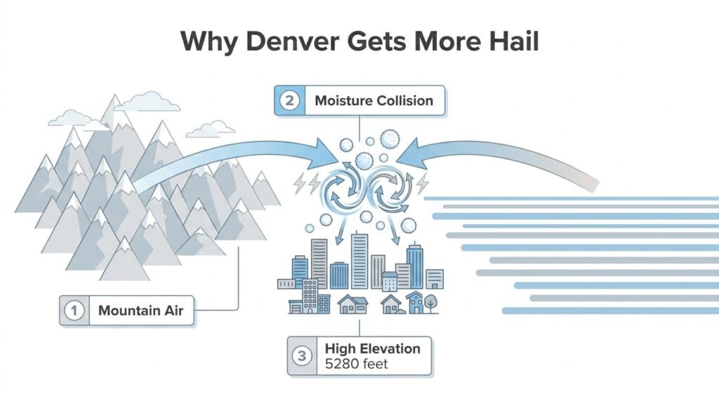 Diagram explaining why Denver gets more hail, showing mountain air, moisture collision, high elevation, and storm activity