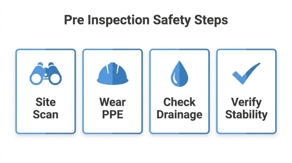 Infographic listing site scan, PPE, drainage check, and stability verification before inspecting pavement damage