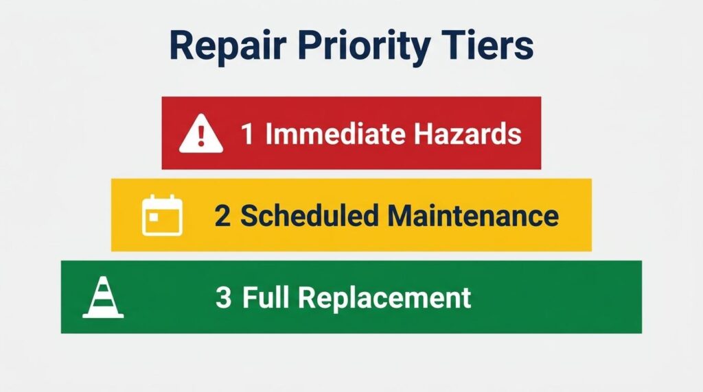 Infographic showing the repair priority after hail damage into 3 tiers