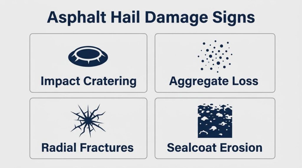 Asphalt hail damage signs infographic showing impact cratering, aggregate loss, radial fractures, and sealcoat erosion