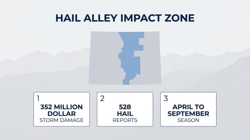 Hail Alley impact zone infographic showing storm damage, hail reports, and April to September hail season